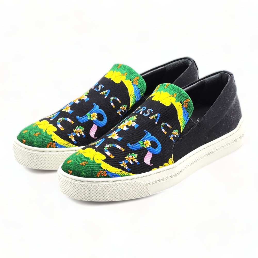 Versace Beverly Palm Print Canvas and Leather Sneakers - 40 - Picture 2 of 8